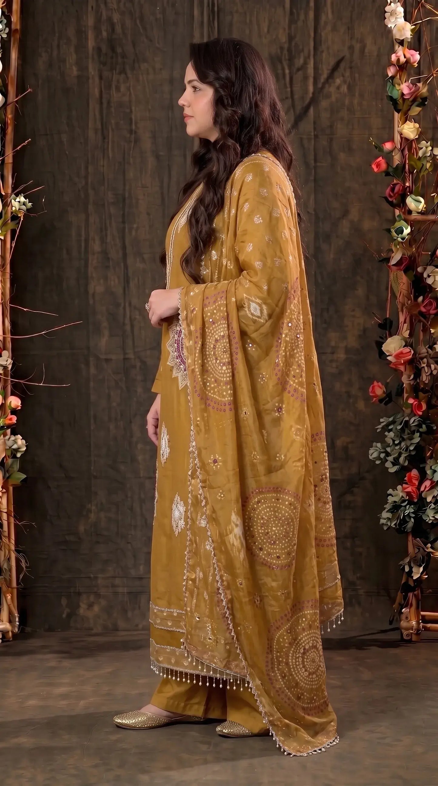 Mustard Soft Tissue Embroidered Designer Suit
