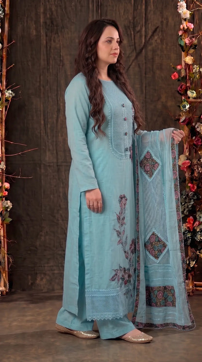 Ice Blue Floral Embroidered Designer Suit