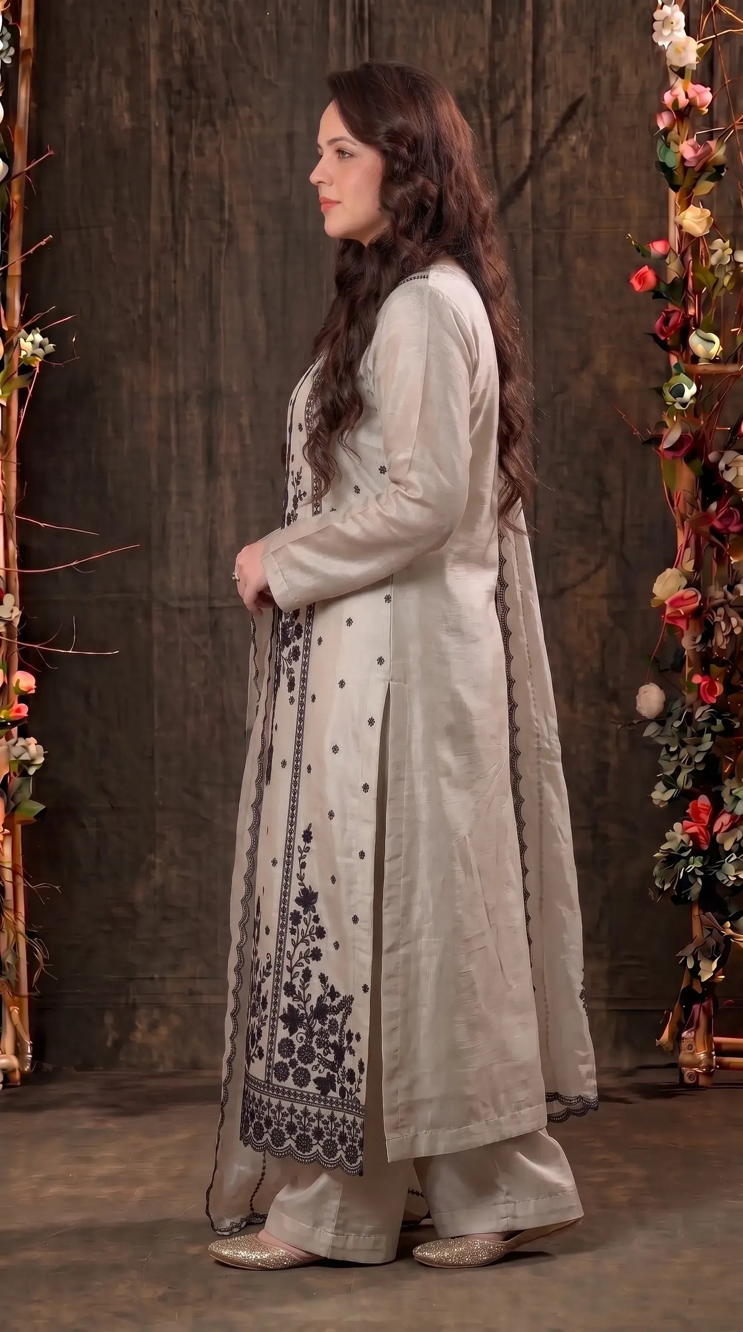 Premium Designer Ivory Tissue Suit with Black Hand Embroidery & Pearl Work