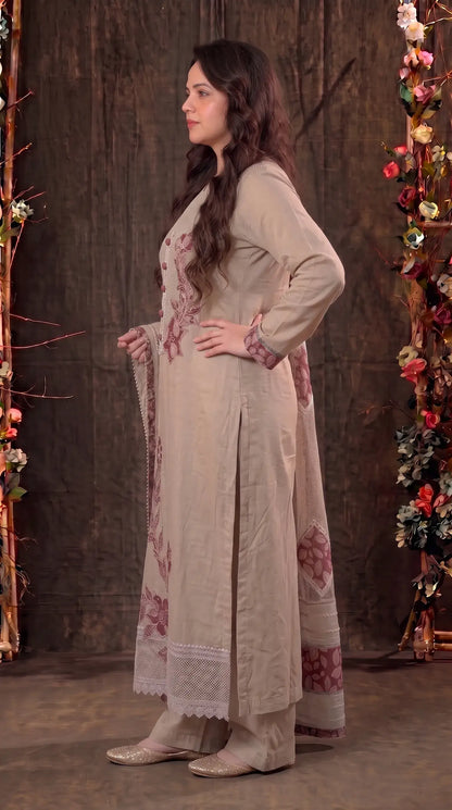 Premium Designer Soft Beige Pearl-Work Embroidered Suit