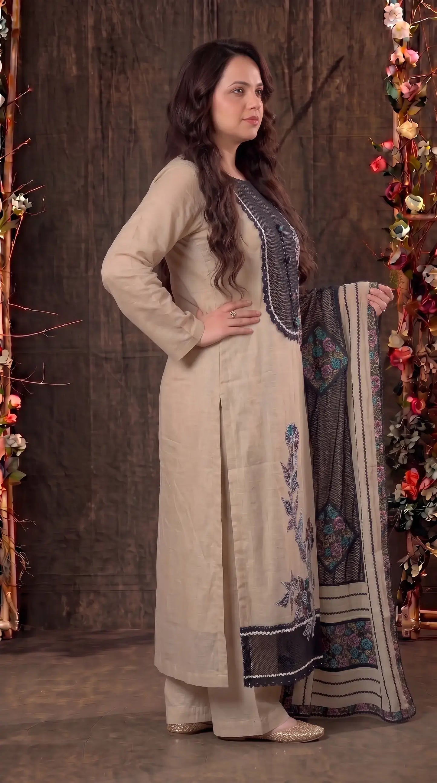 Premium Designer Ivory Beige & Black Pearl-Work Floral Suit