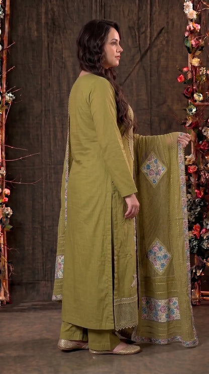 Premium Designer Olive Green Mul Pakistani Designer Suit