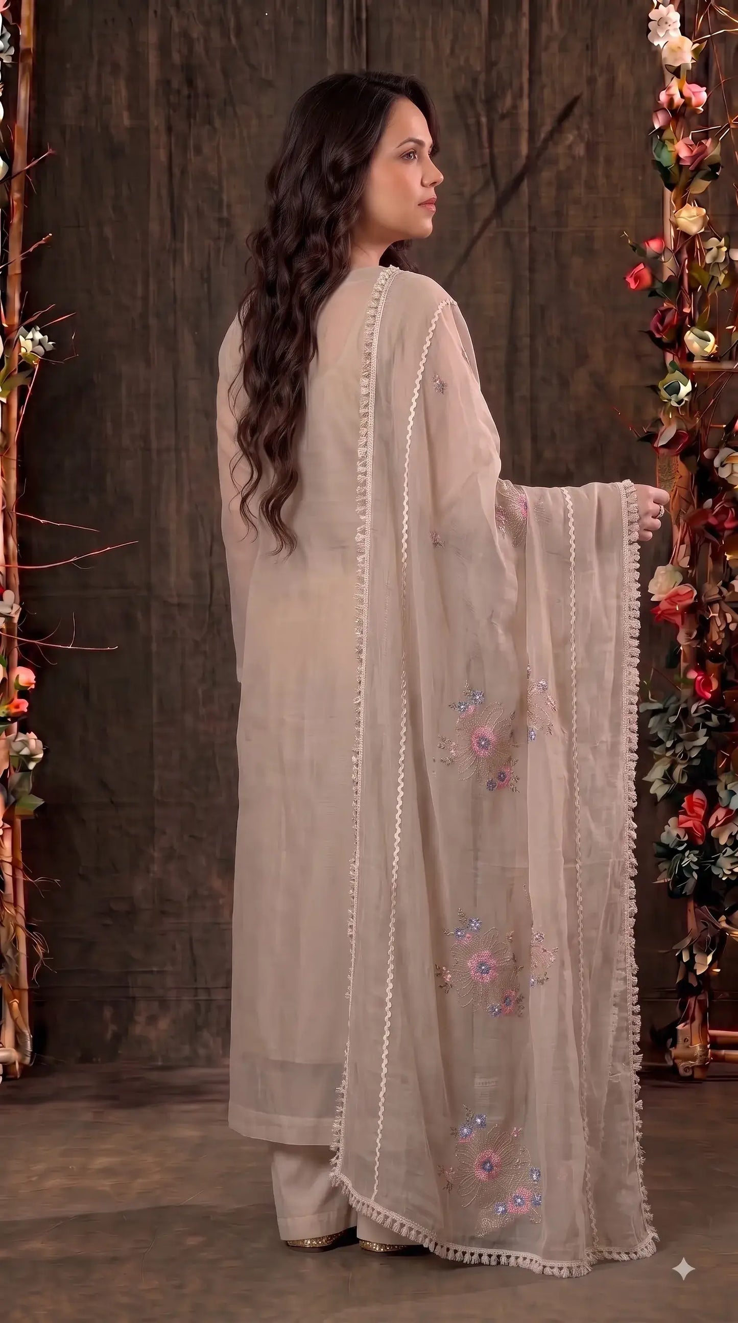 Premium Designer Beige Kota Pakistani Suit with Floral Embroidery