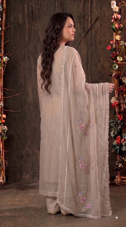 Premium Designer Beige Kota Pakistani Suit with Floral Embroidery