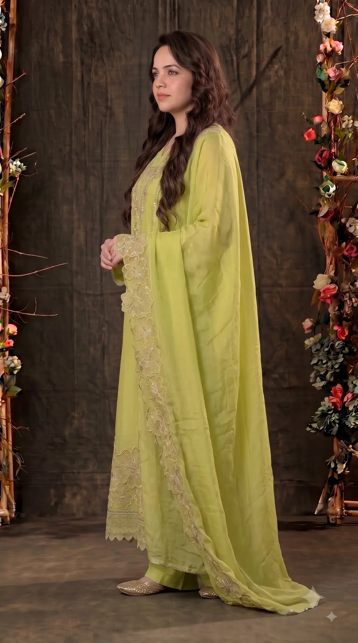 Premium Designer Lime Silk Pakistani Suit with Golden Floral Embroidery