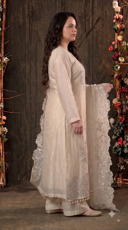 Premium Designer Ivory Soft Tissue Pakistani Suit with Mirror, Pearl & Floral Work