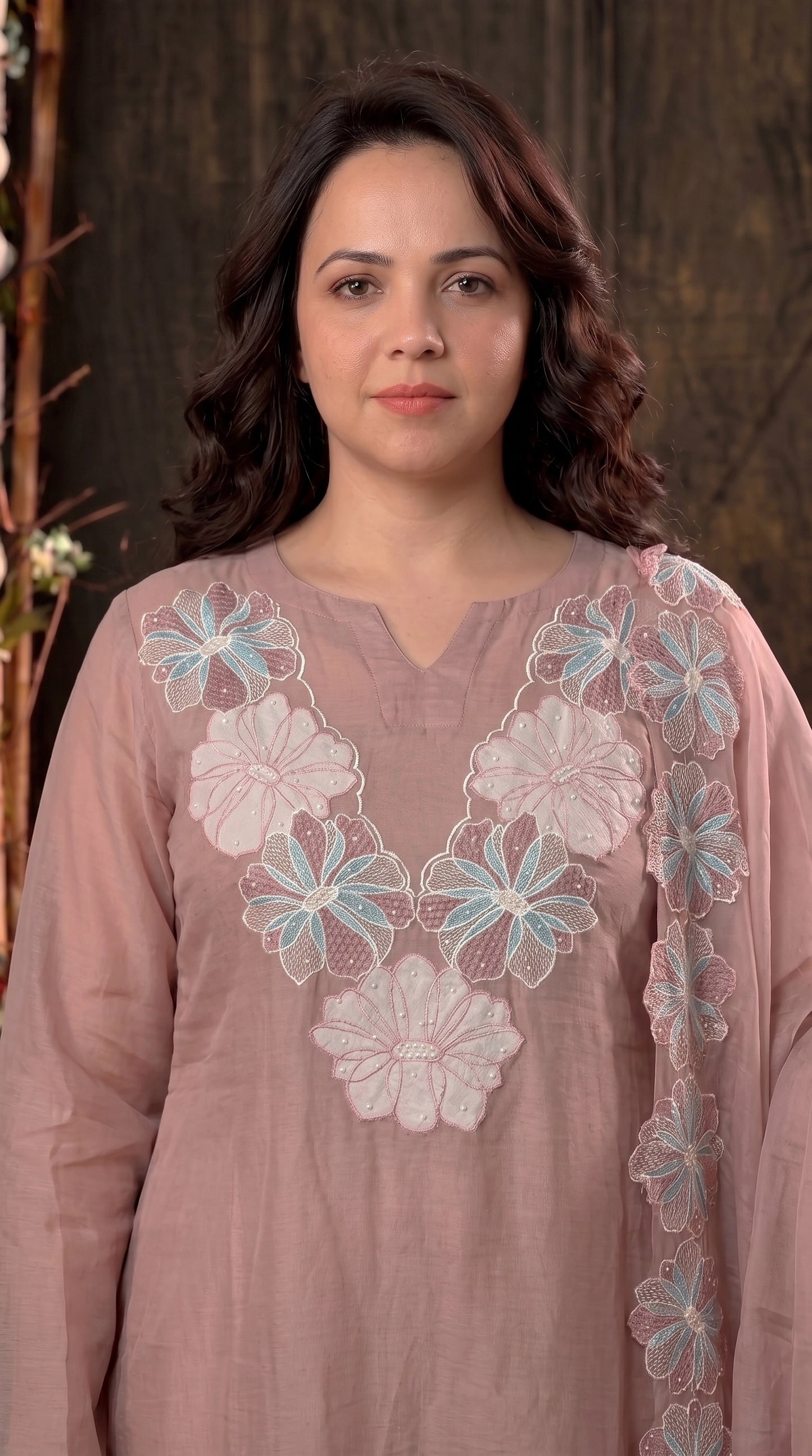 Pink Premium Linen Cotton Pakistani Suit with Pearl Floral Embroidery & Lace Work
