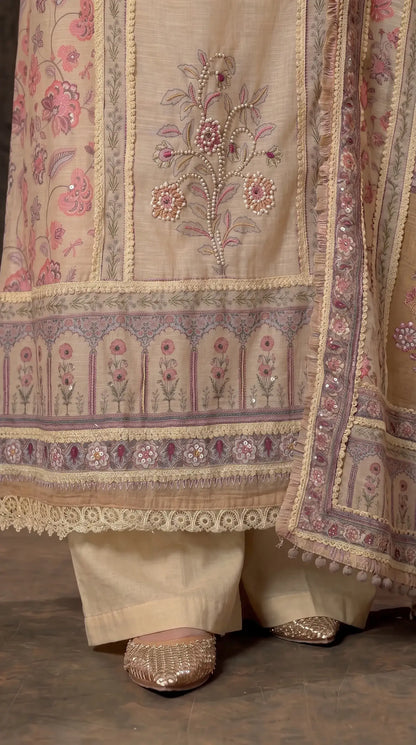 Beige Khaddi Designer Suit with Pearl Detailing