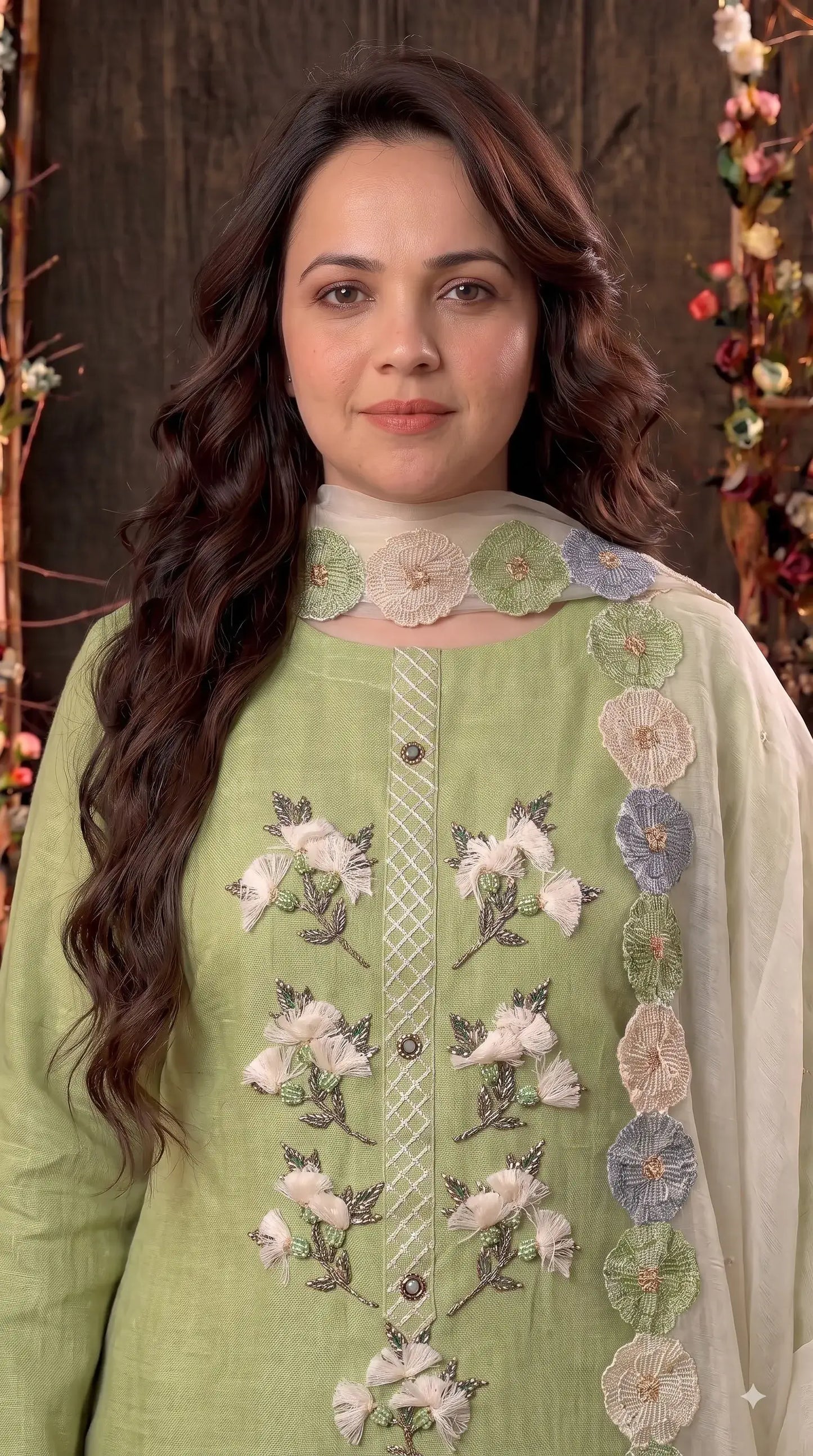 Premium Designer Pastel Green Soft Cotton Pakistani Suit with Pearl & 3D Floral Work