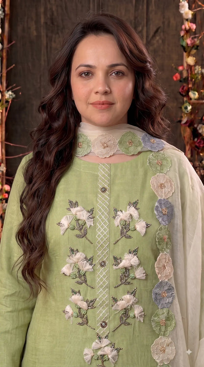 Premium Designer Pastel Green Soft Cotton Pakistani Suit with Pearl & 3D Floral Work