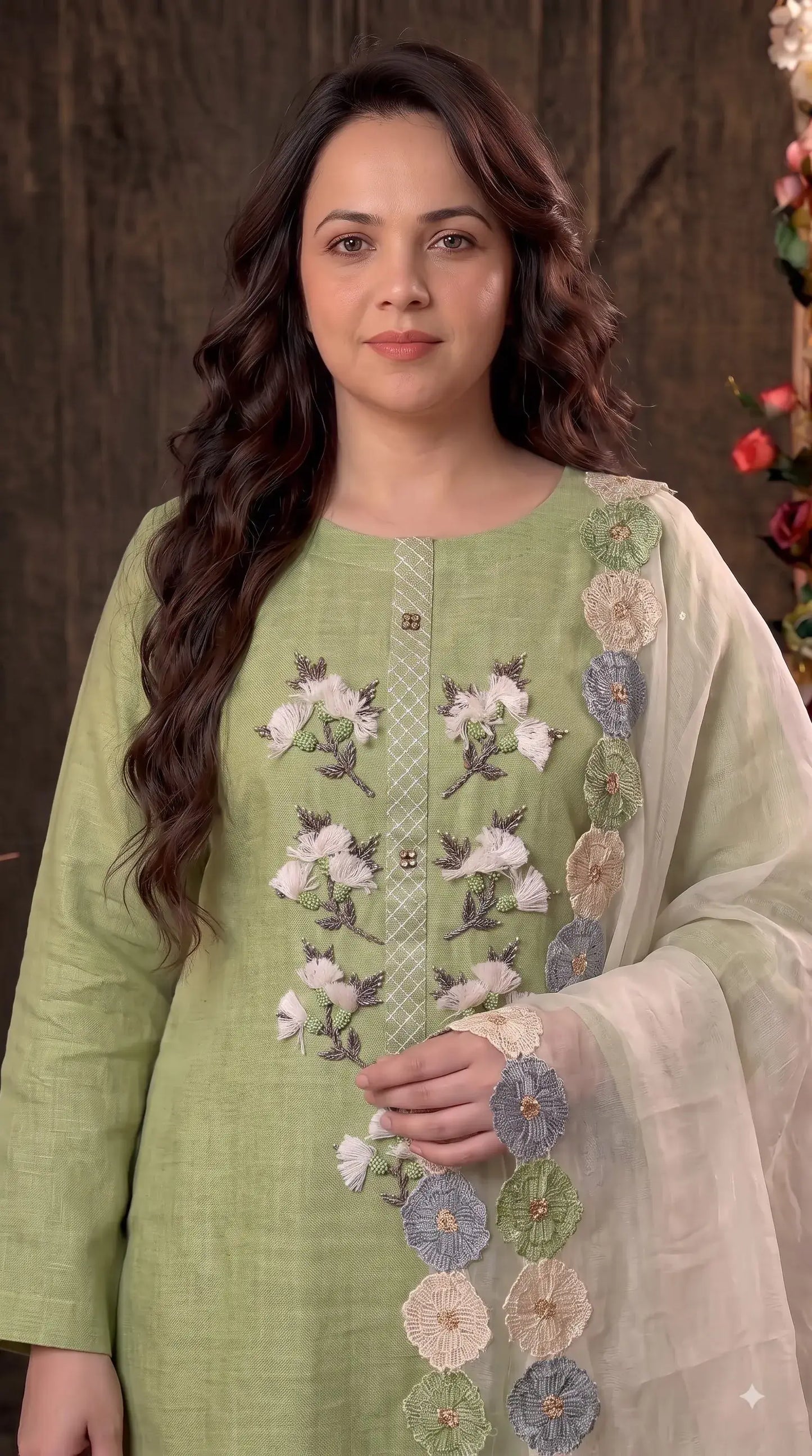Premium Designer Pastel Green Soft Cotton Pakistani Suit with Pearl & 3D Floral Work