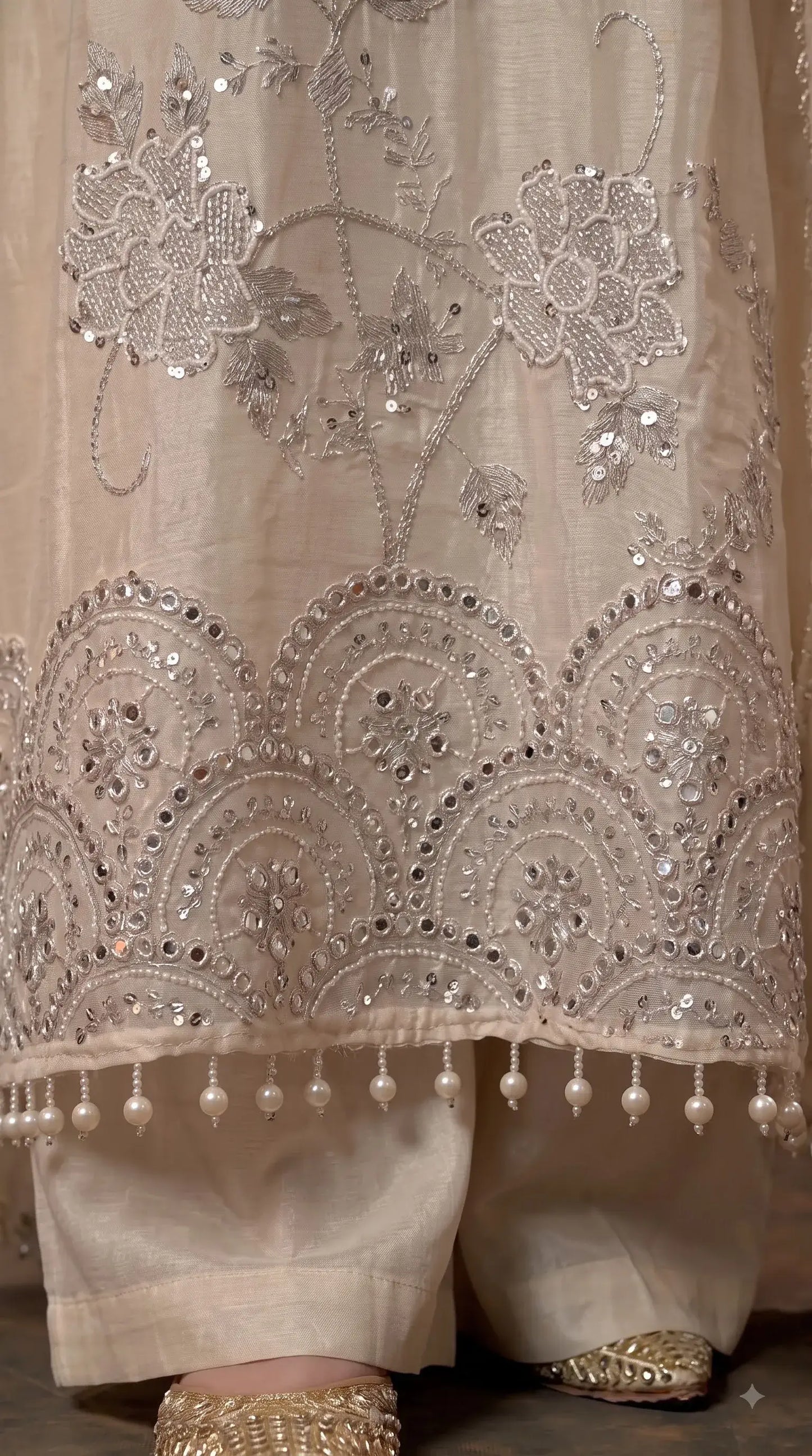 Premium Designer Ivory Soft Tissue Pakistani Suit with Mirror, Pearl & Floral Work