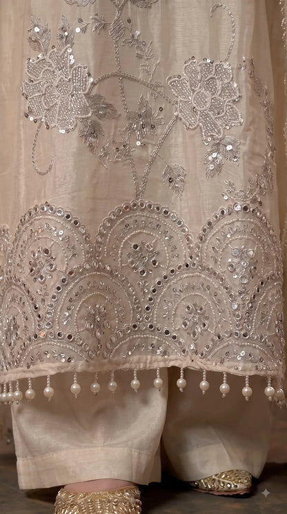 Premium Designer Ivory Soft Tissue Pakistani Suit with Mirror, Pearl & Floral Work