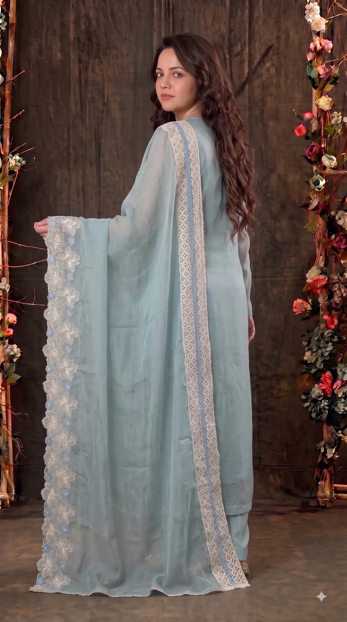 Premium Designer Powder Green Soft Cotton Pakistani Suit with Pearl & Lace Work
