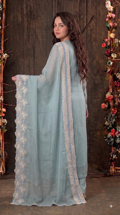 Premium Designer Powder Green Soft Cotton Pakistani Suit with Pearl & Lace Work