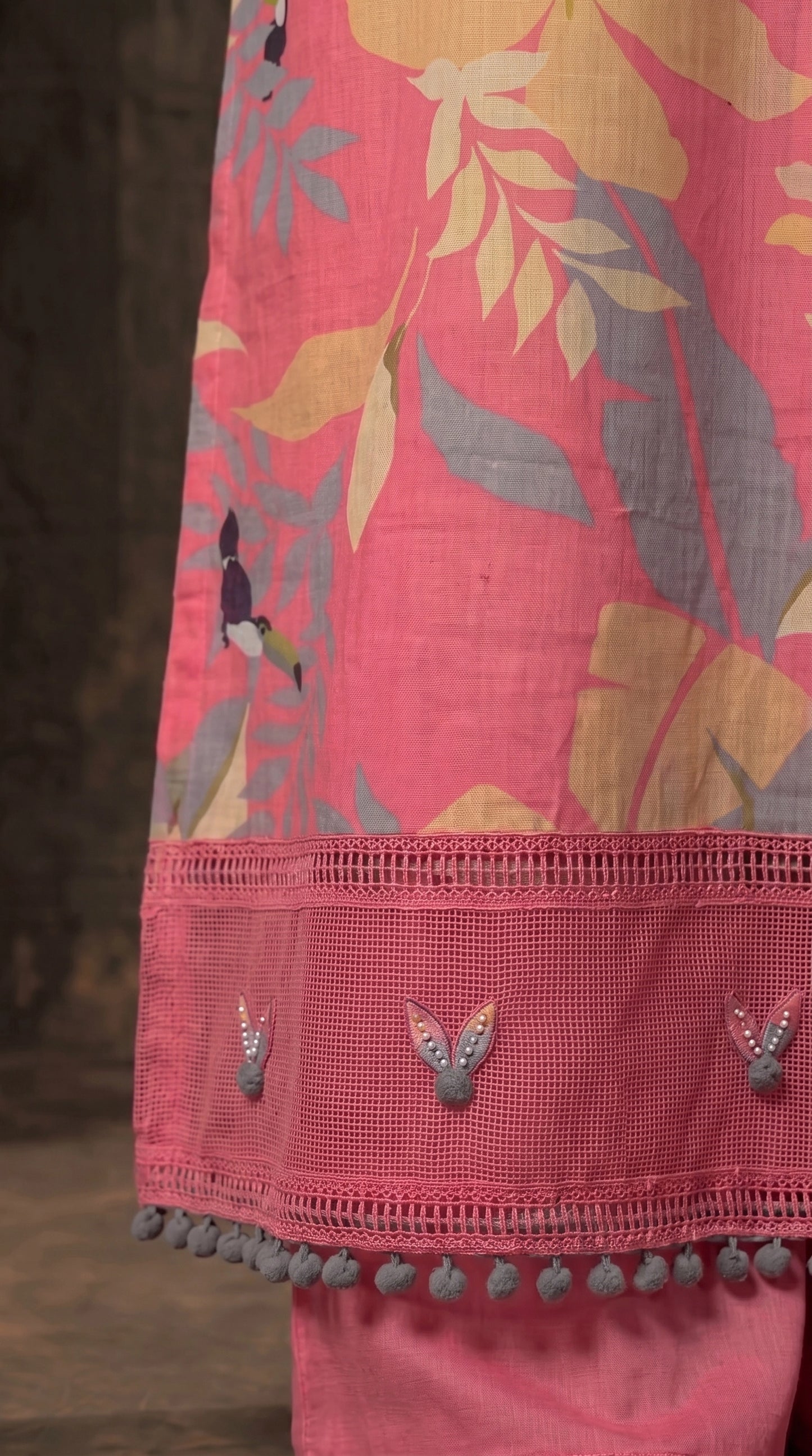 Pink Designer Ethnic Suit with Floral Print & Lace Work