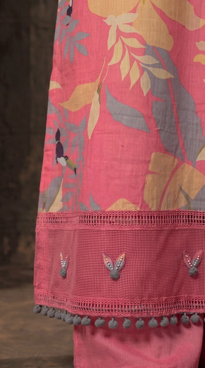 Pink Designer Ethnic Suit with Floral Print & Lace Work
