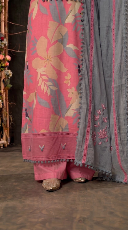 Pink Designer Ethnic Suit with Floral Print & Lace Work