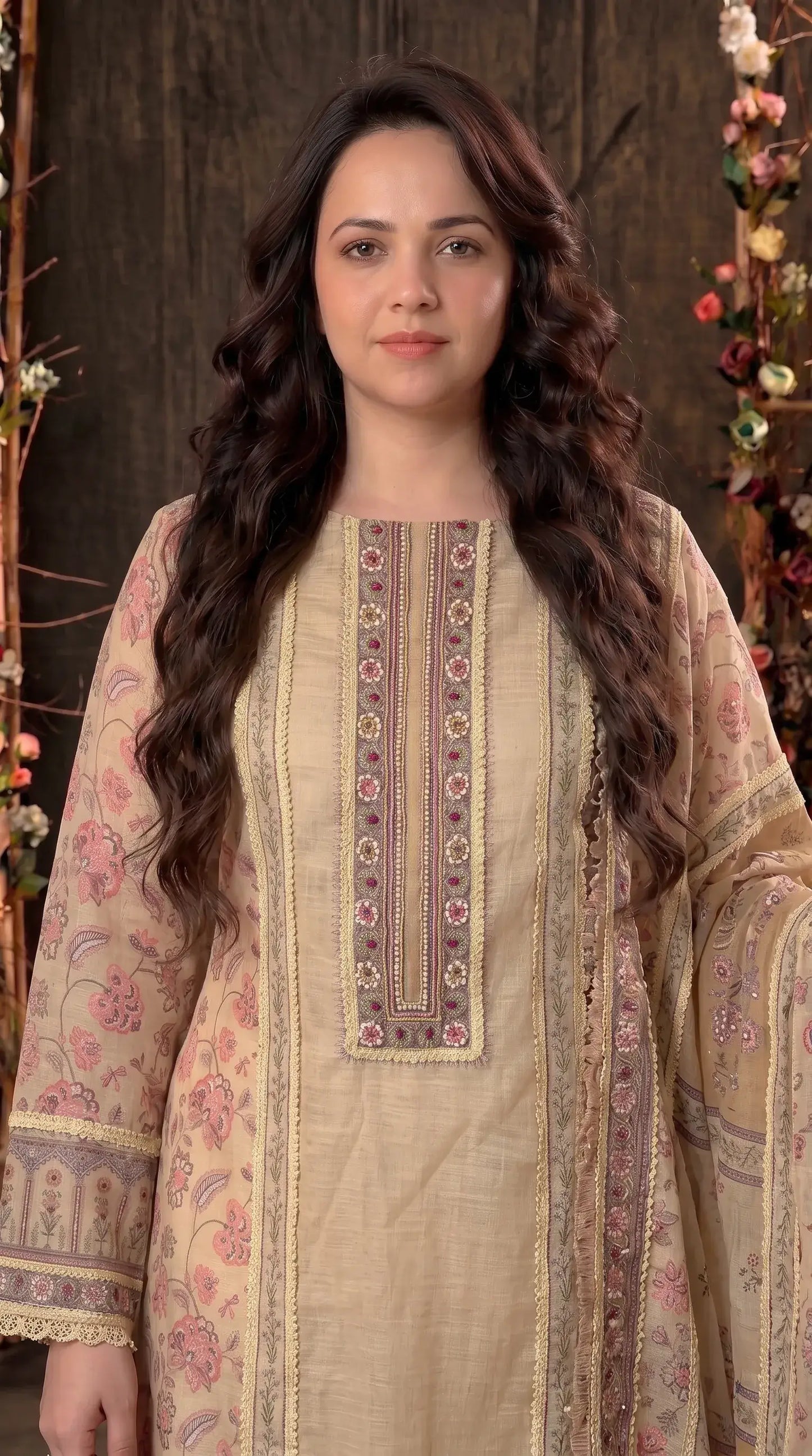 Beige Khaddi Designer Suit with Pearl Detailing