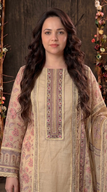 Beige Khaddi Designer Suit with Pearl Detailing