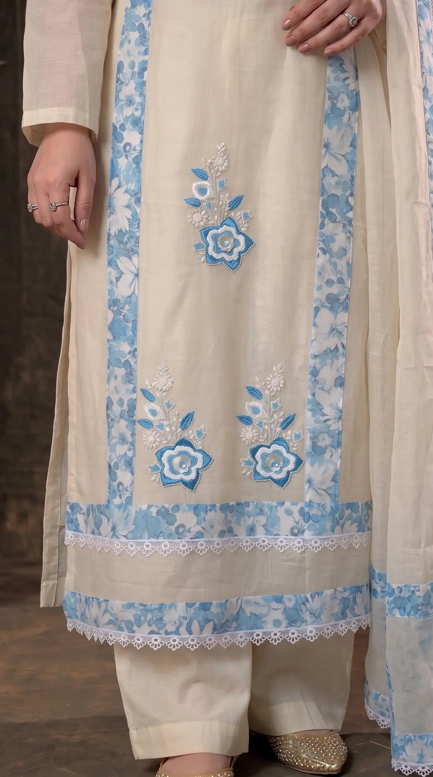 Ivory Blue Floral Designer Suit with Boutique Finish