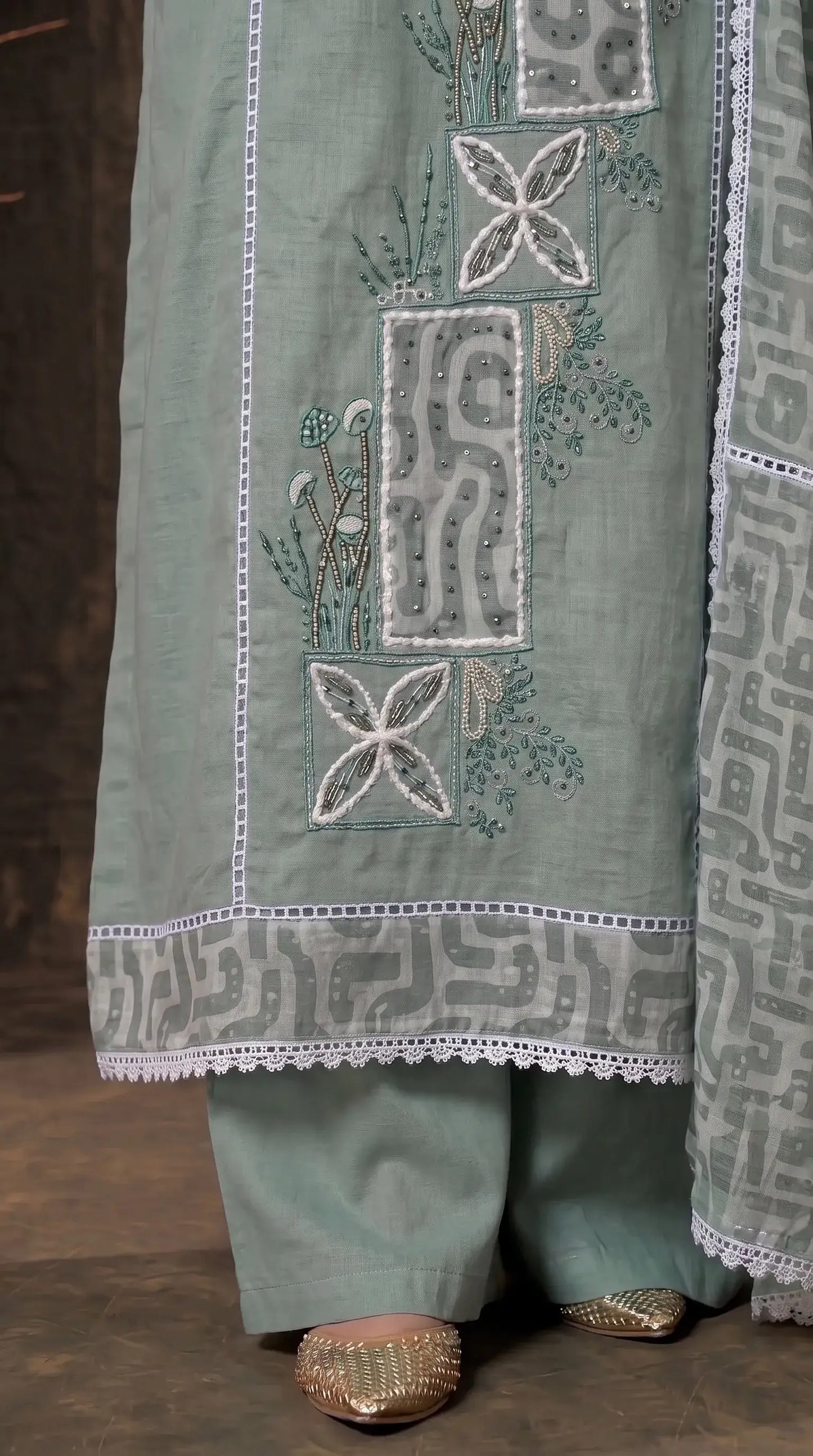 Sage Green Cotton Suit with Embroidered Panel & Printed Dupatta