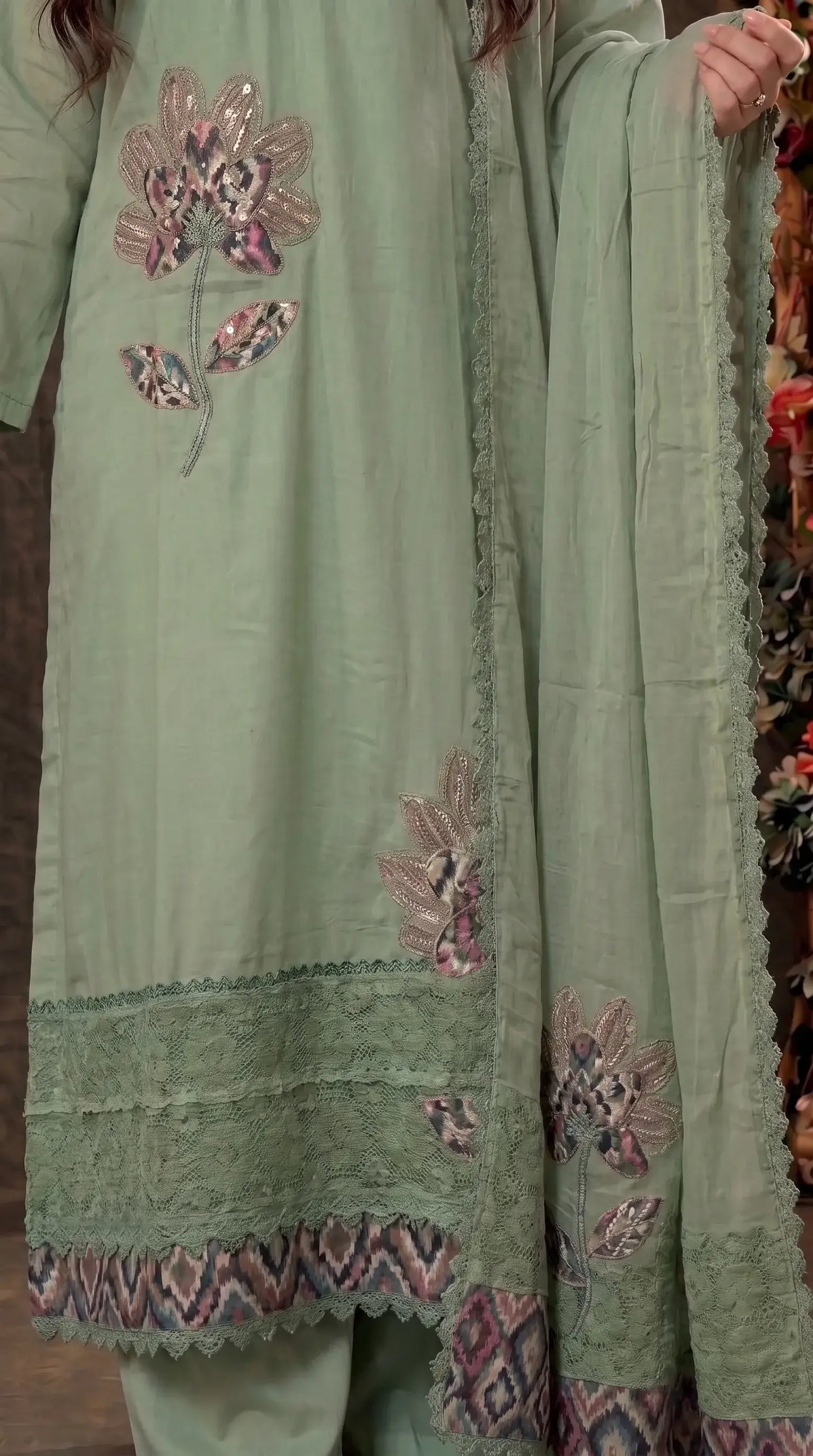 Green designer Suit with Floral Appliqué & Lace Detailing