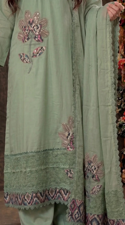 Green designer Suit with Floral Appliqué & Lace Detailing