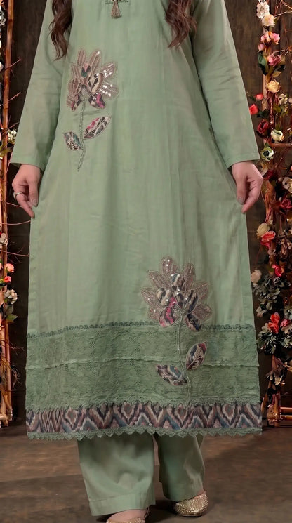 Green designer Suit with Floral Appliqué & Lace Detailing