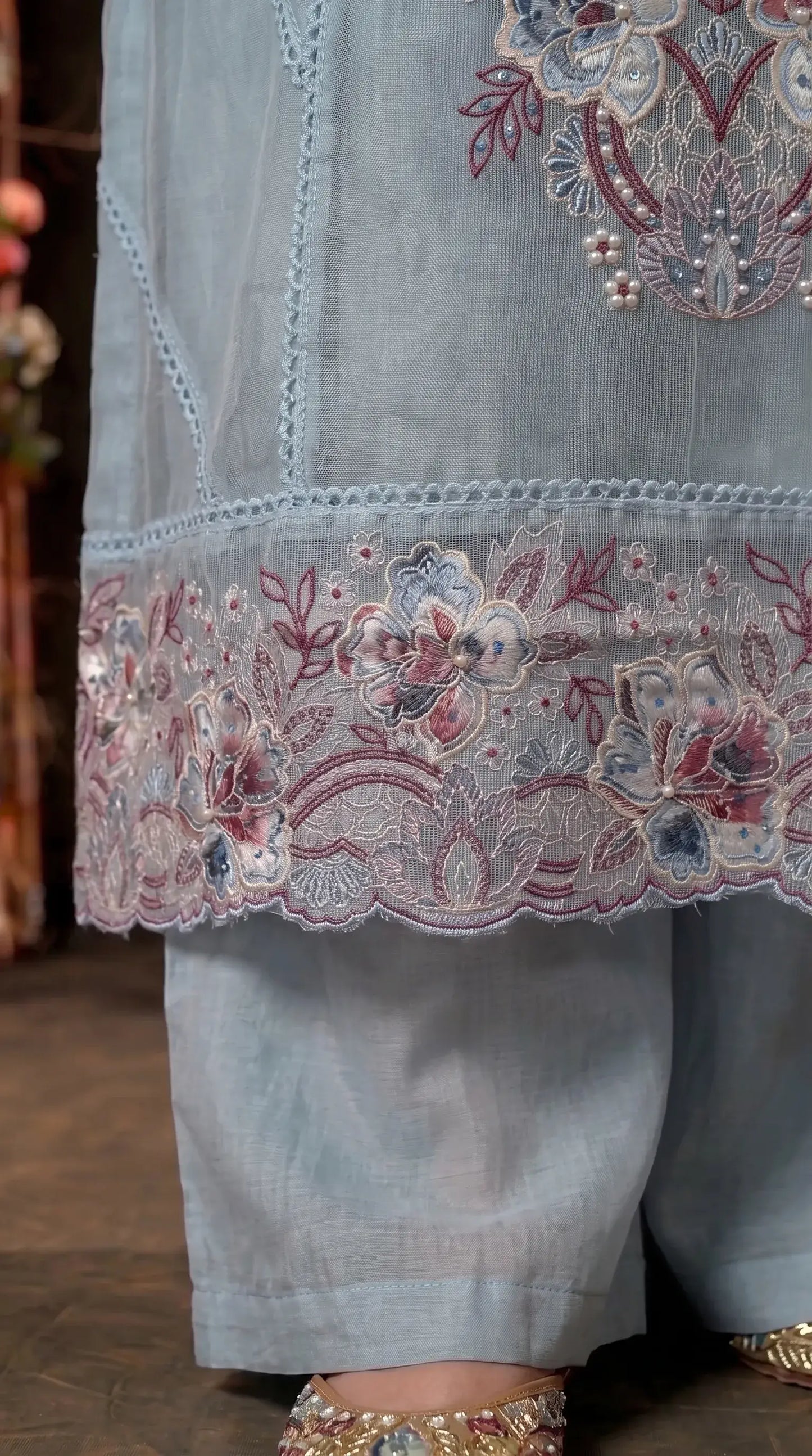 Floral Embroidered sky blue Suit with Pearl Handwork