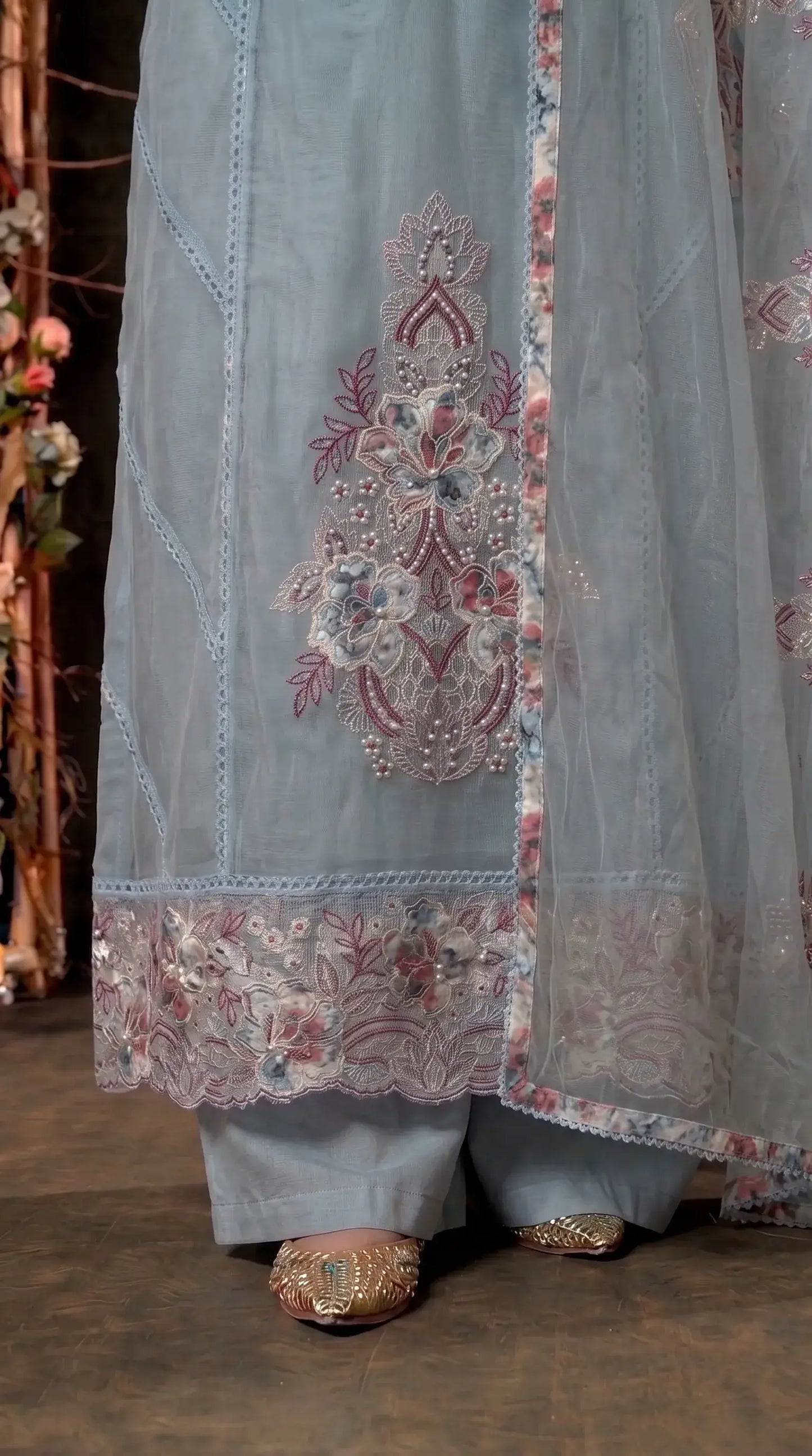 Floral Embroidered sky blue Suit with Pearl Handwork