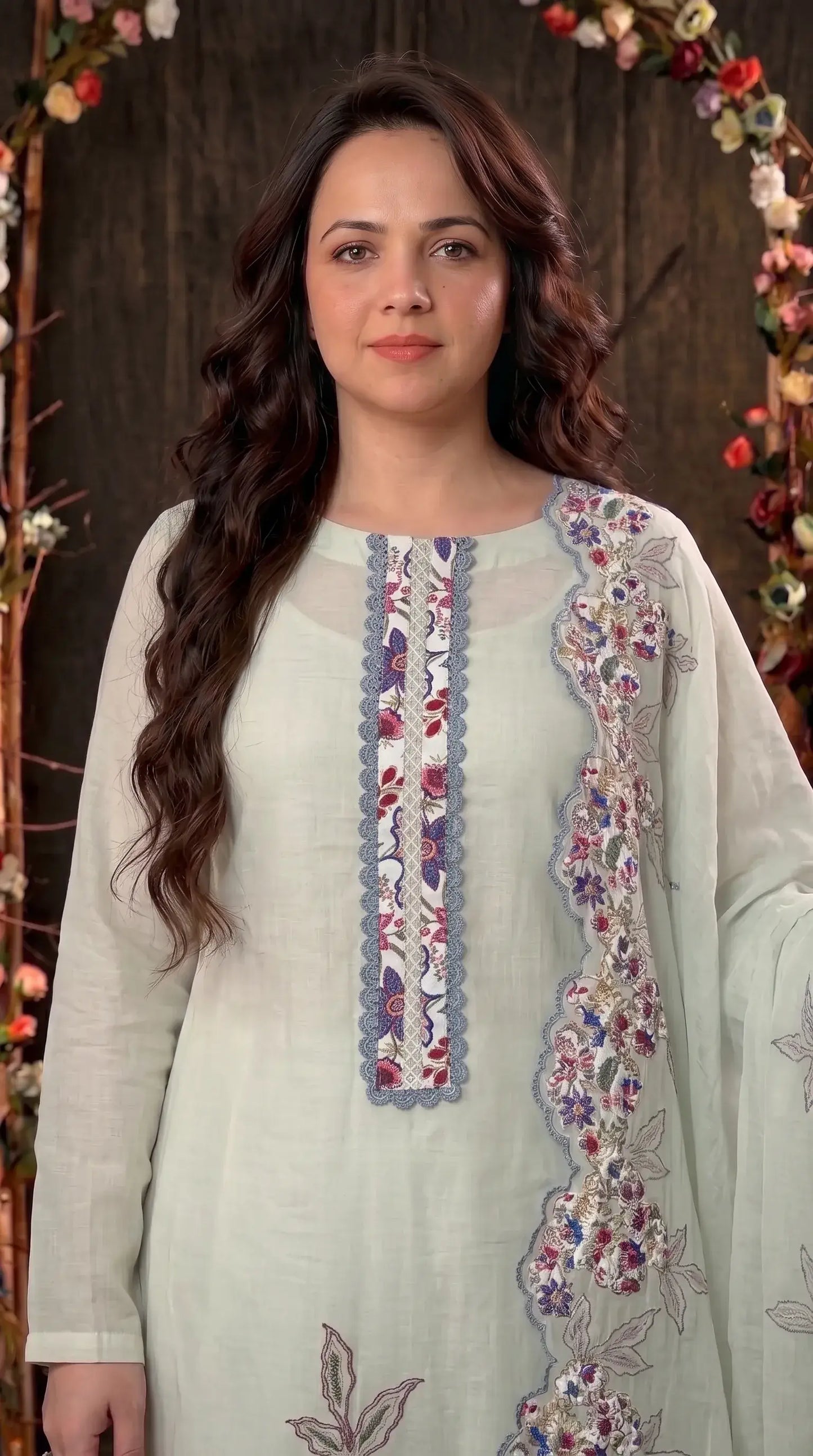 Light Green Mul Suit with Floral Embroidery & Embroidered Dupatta