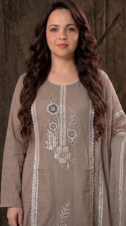 Ivory Mull Cotton Suit with Floral Embroidery & Embroidered Dupatta
