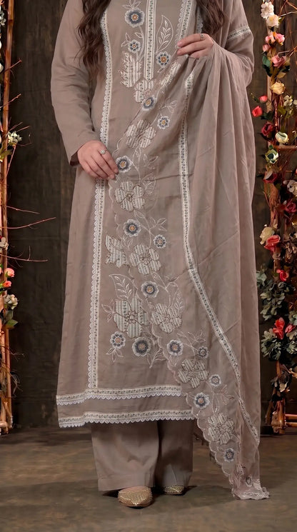 Ivory Mull Cotton Suit with Floral Embroidery & Embroidered Dupatta