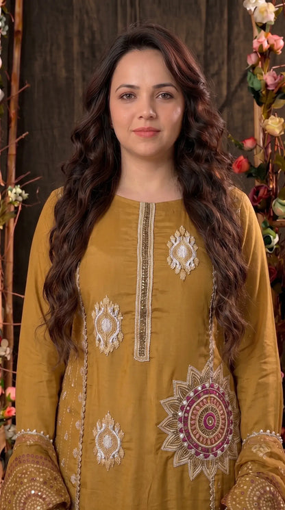 Mustard Soft Tissue Embroidered Designer Suit