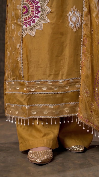 Mustard Soft Tissue Embroidered Designer Suit