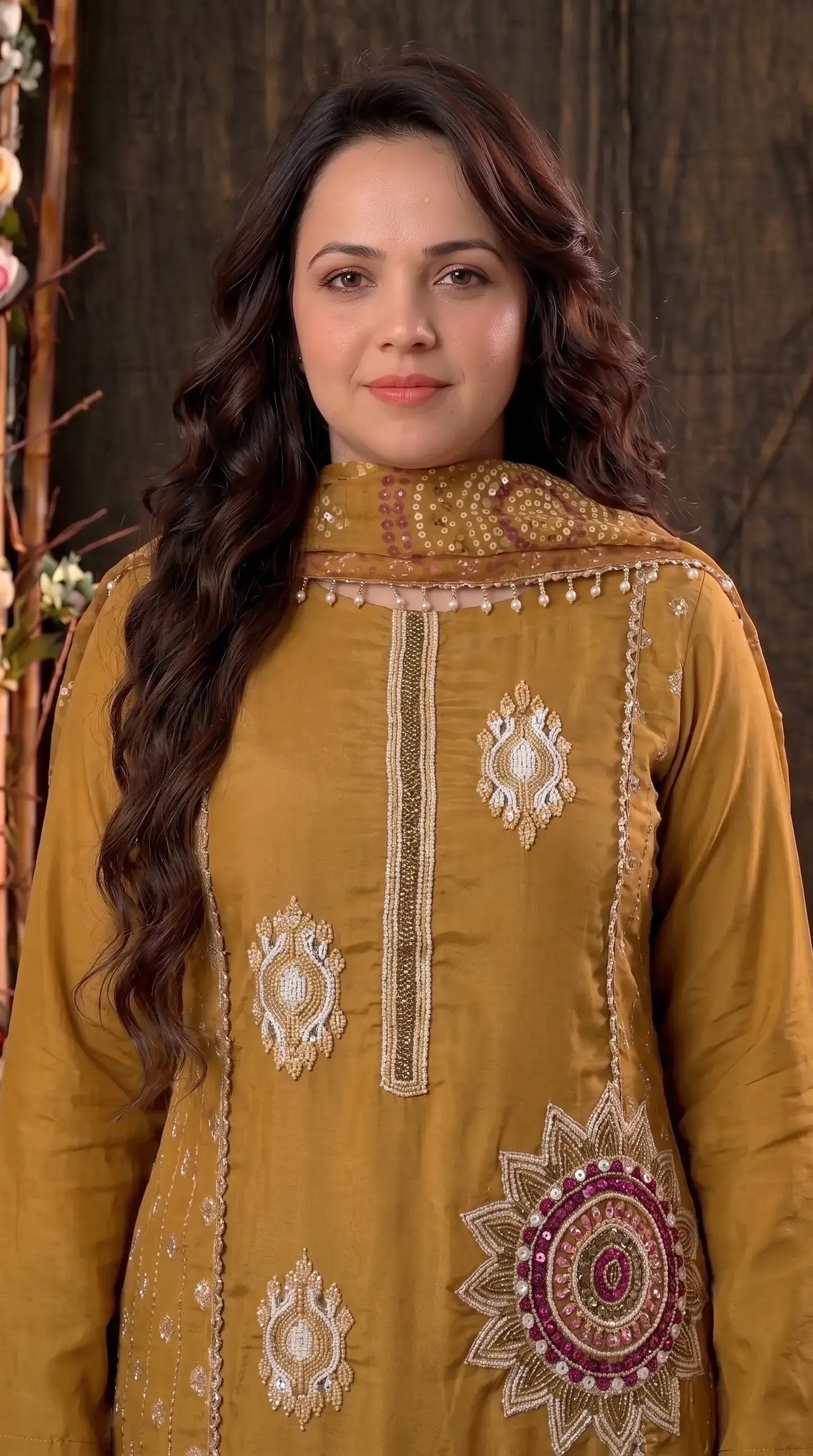 Mustard Soft Tissue Embroidered Designer Suit