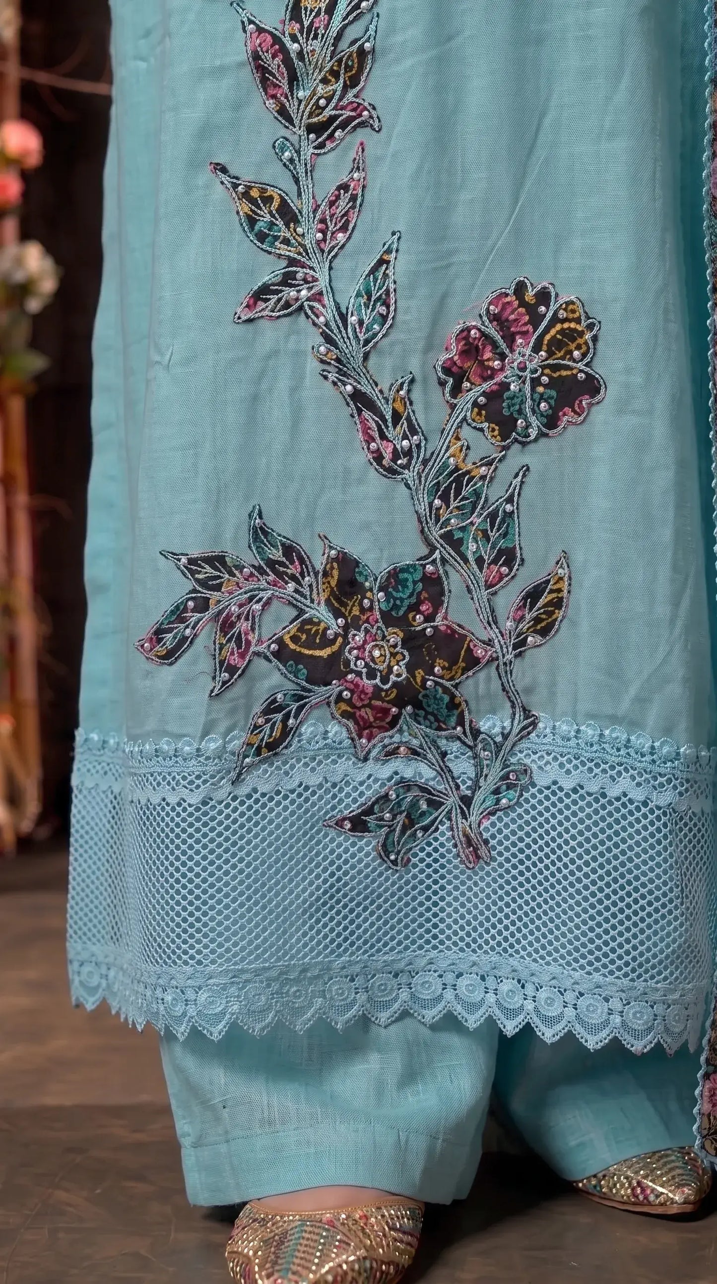Ice Blue Floral Embroidered Designer Suit
