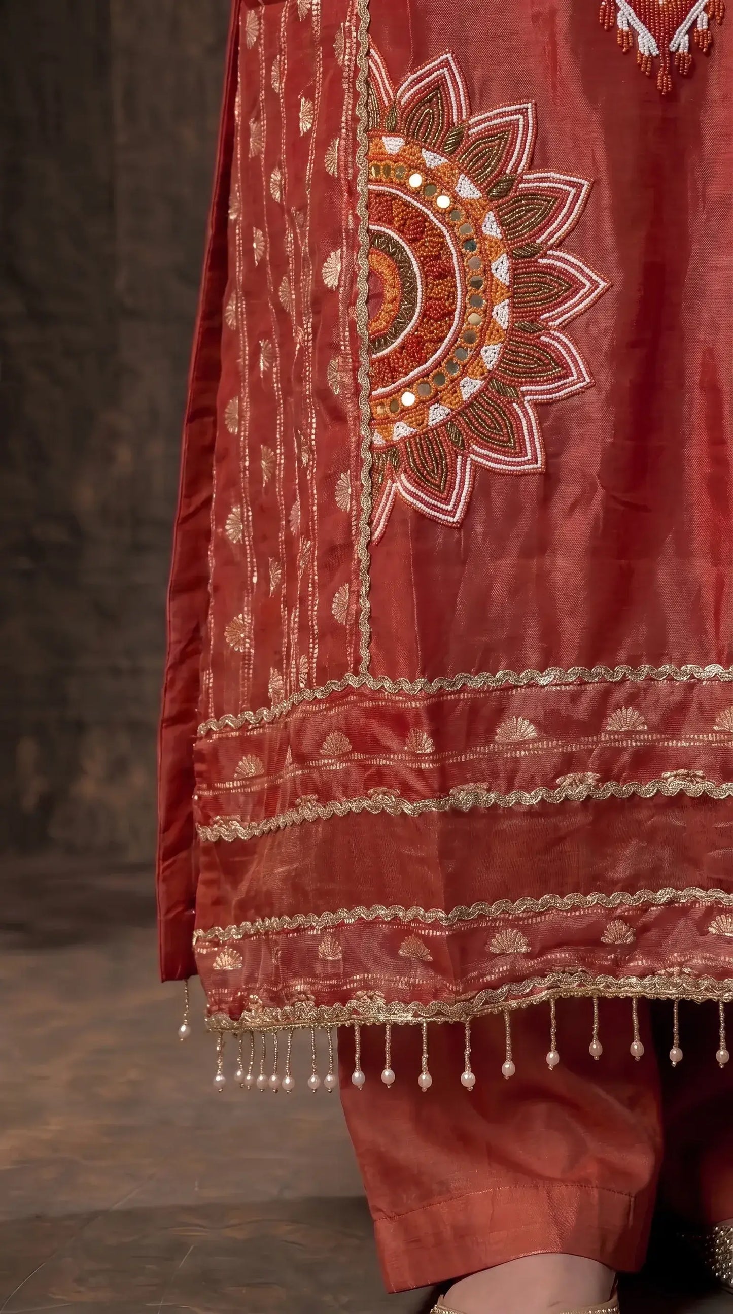 Premium Designer Rust Tissue Suit with Hand-Beaded Embroidery