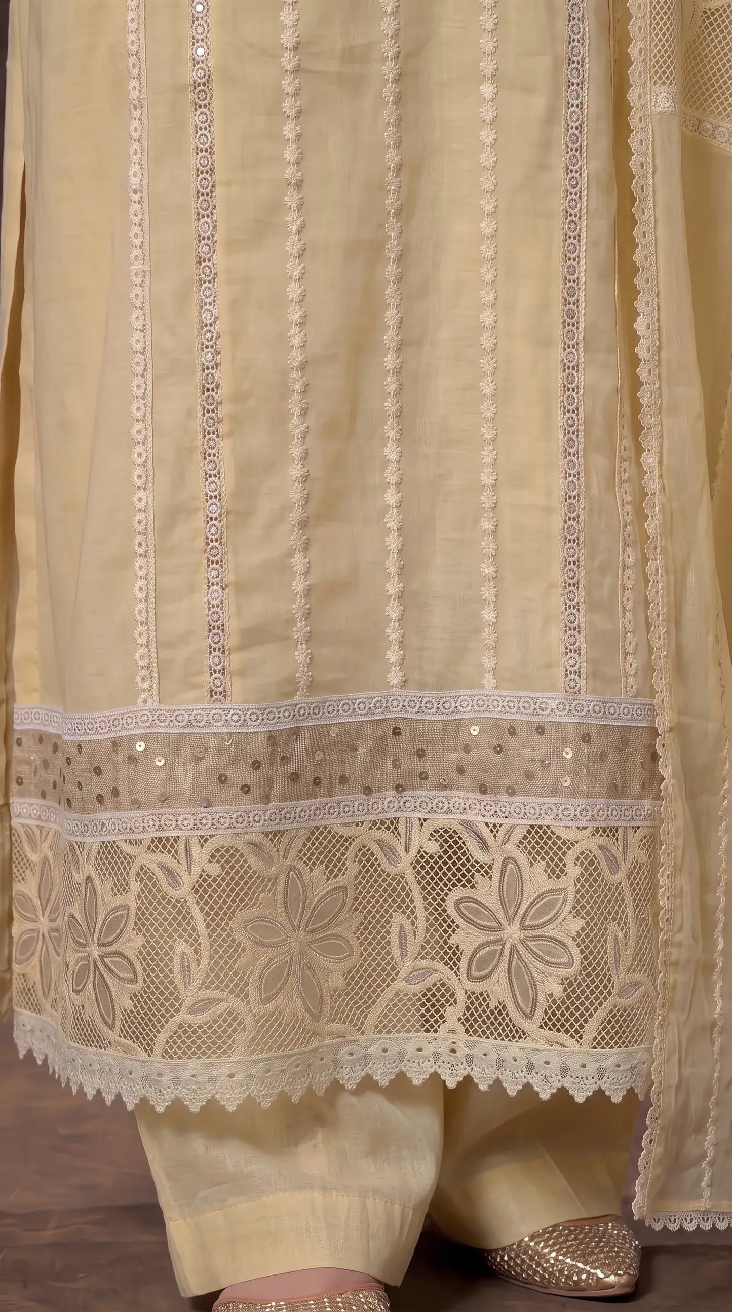 Premium Designer Butter Yellow Mal Chanderi Pearl-Work Suit