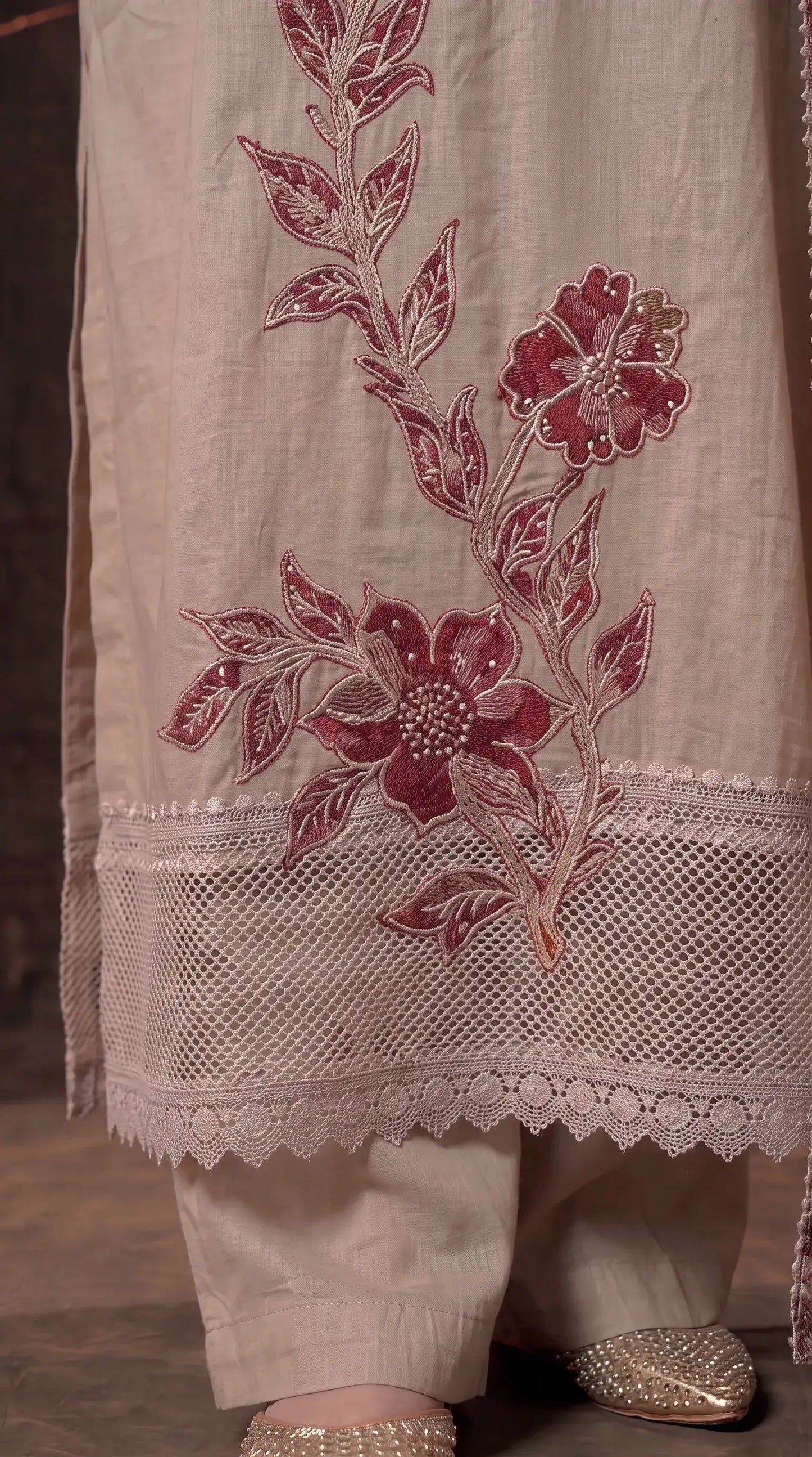 Premium Designer Soft Beige Pearl-Work Embroidered Suit