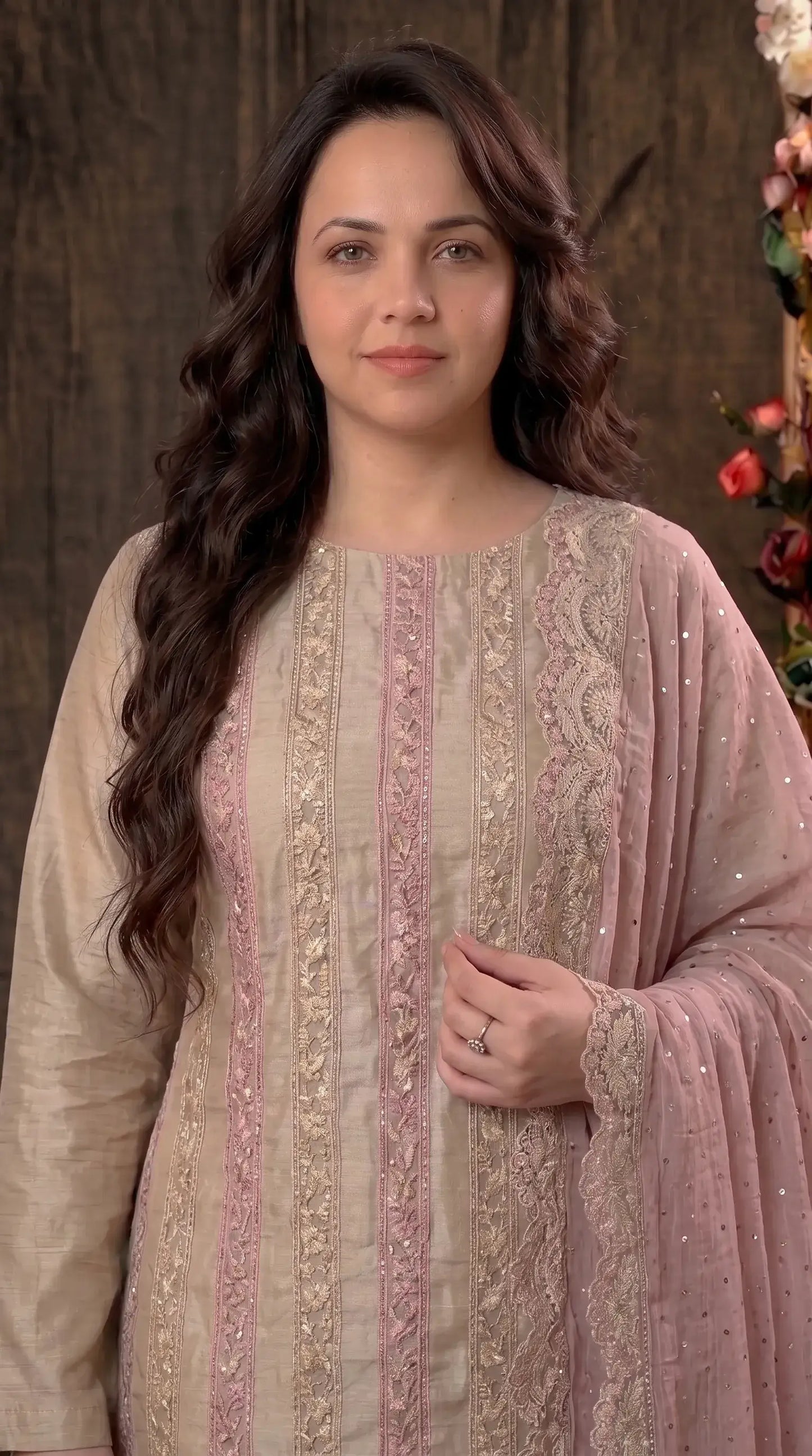 Premium Designer Beige & Blush Pink Tissue Suit