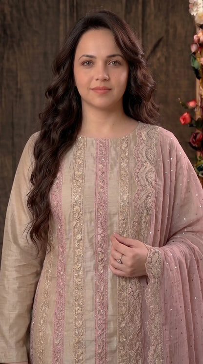 Premium Designer Beige & Blush Pink Tissue Suit