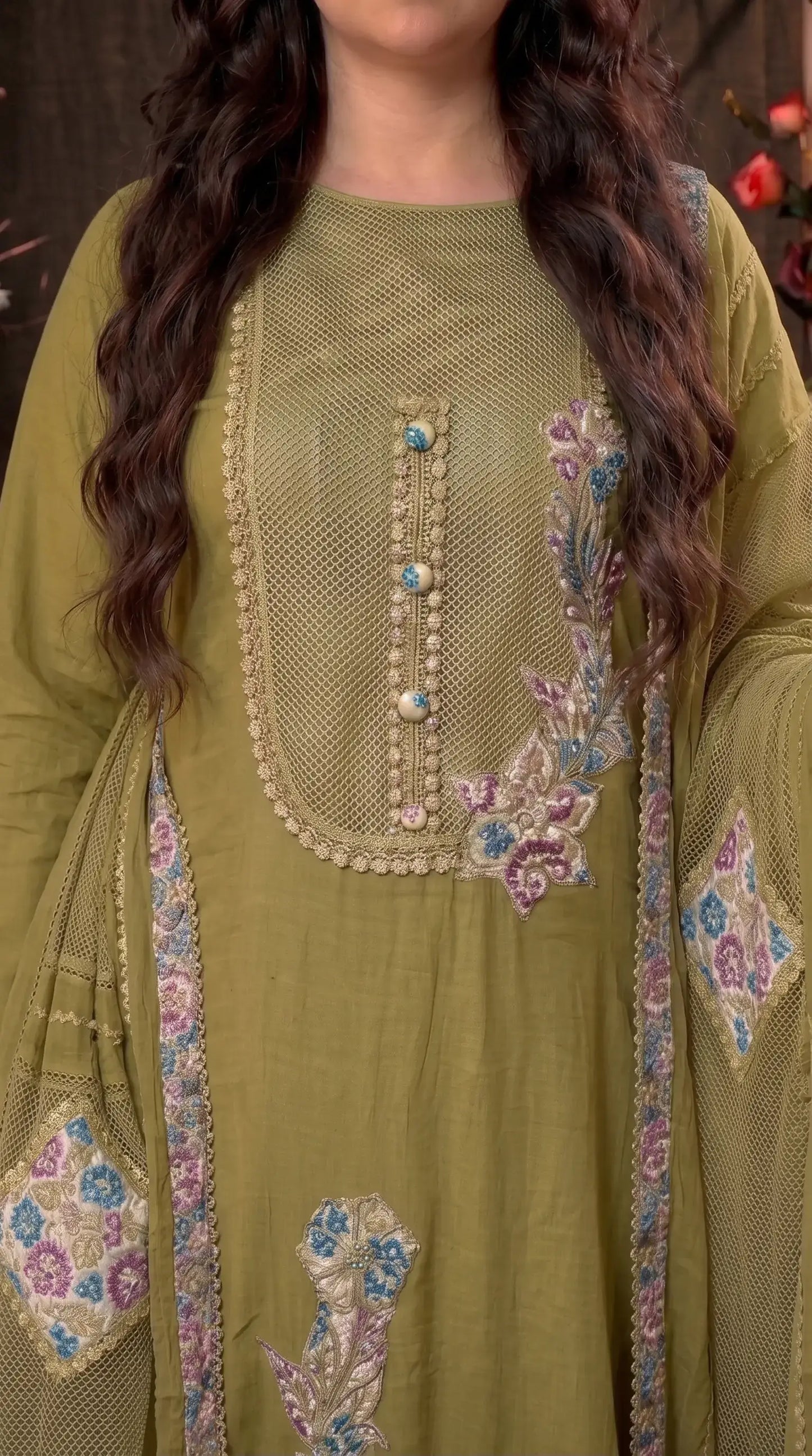 Premium Designer Olive Green Mul Pakistani Designer Suit