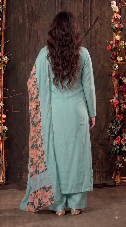 Premium Designer Aqua Blue Tissue Pakistani Designer Suit