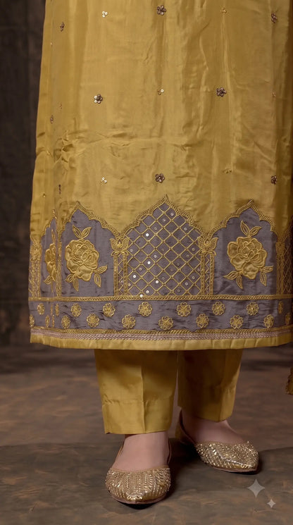 Premium Designer Mustard Gold Pakistani Suit with Grey Embroidered Dupatta