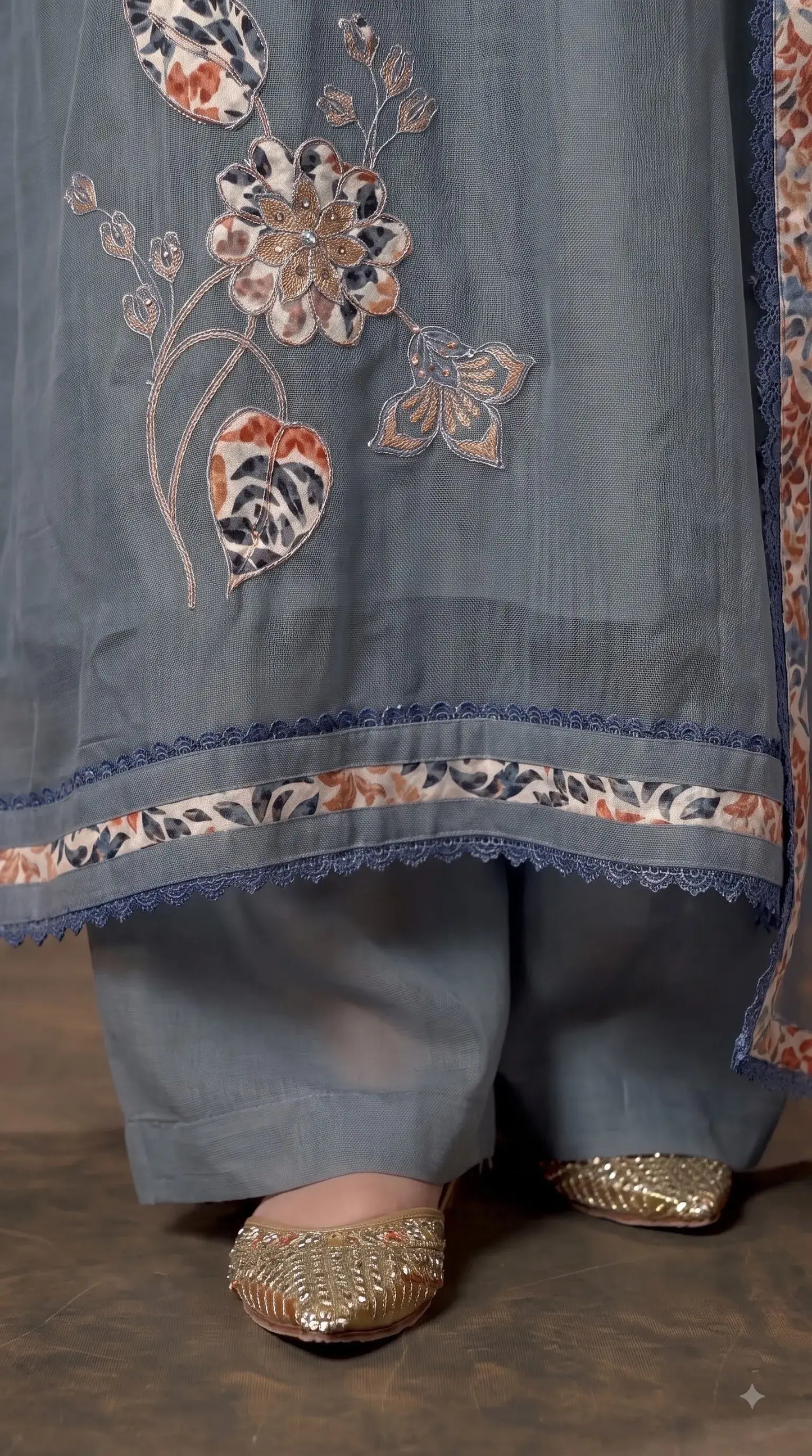 Premium Designer Slate Blue Soft Cotton Pakistani Suit with Floral Appliqué Work