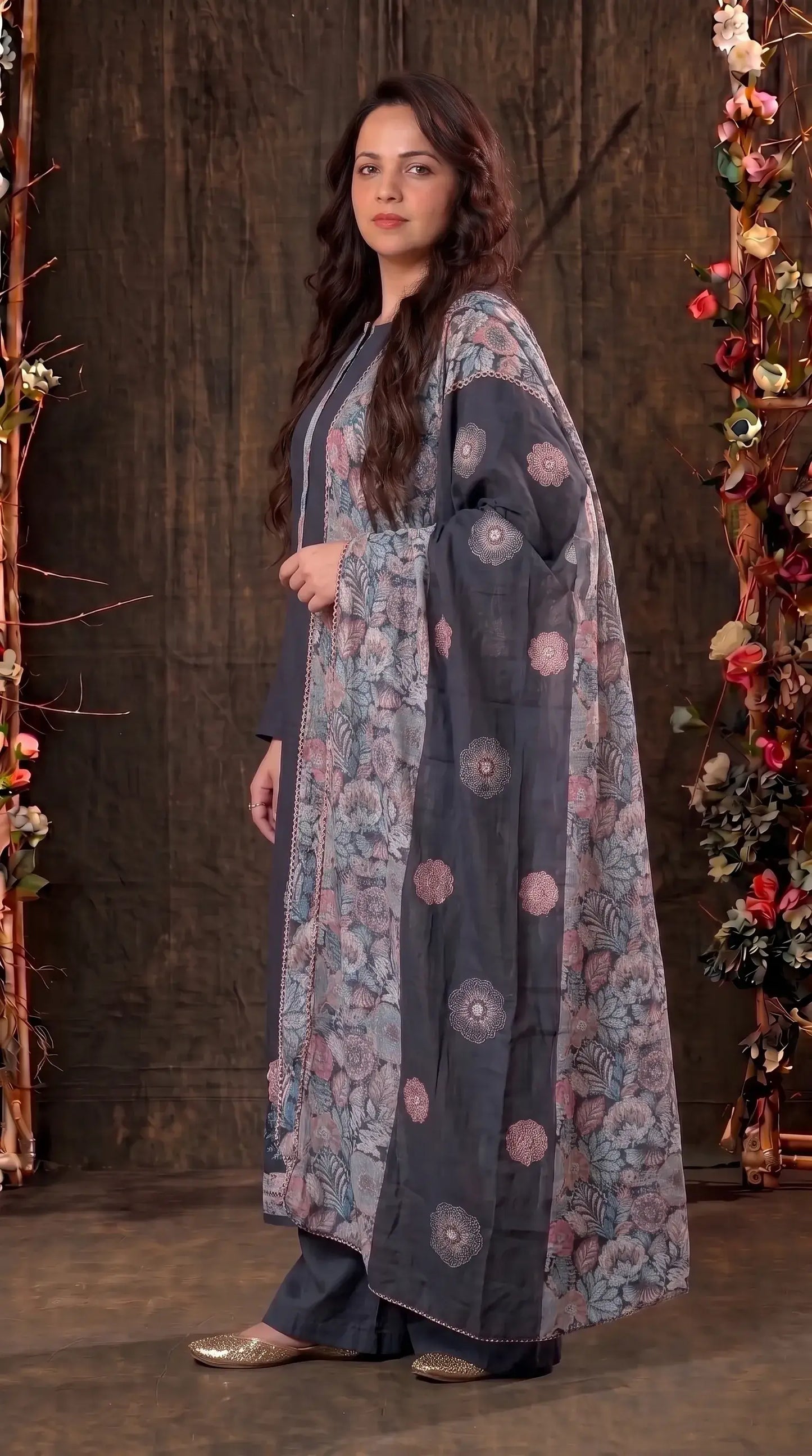 Navy Blue Mul Cotton Suit with Floral Embroidery & Printed Dupatta