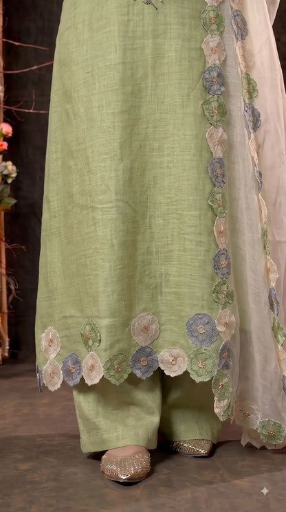Premium Designer Pastel Green Soft Cotton Pakistani Suit with Pearl & 3D Floral Work