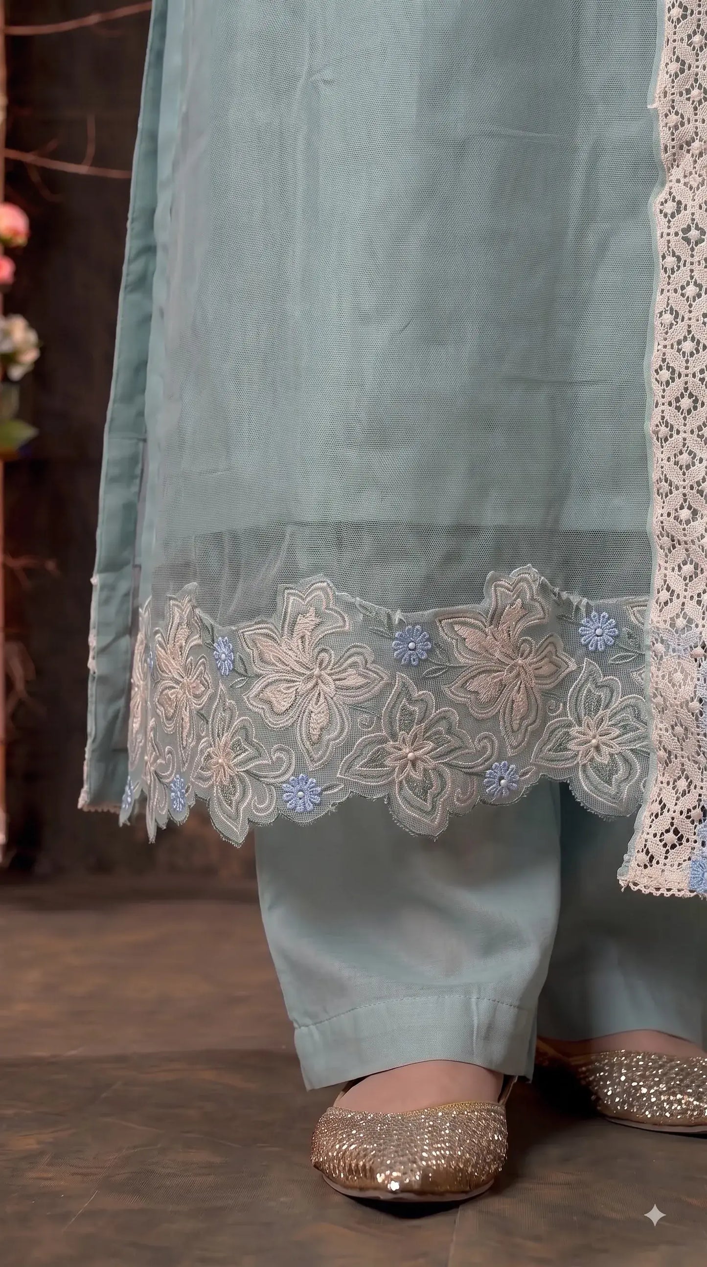 Premium Designer Powder Green Soft Cotton Pakistani Suit with Pearl & Lace Work